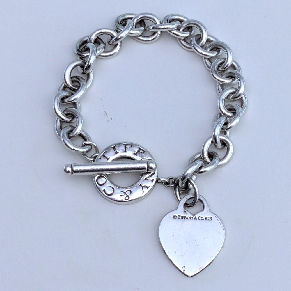 Tiffany & Co. Sterling Silver 925 Blank Heart Tag Toggle Charm Rolo Bracelet P